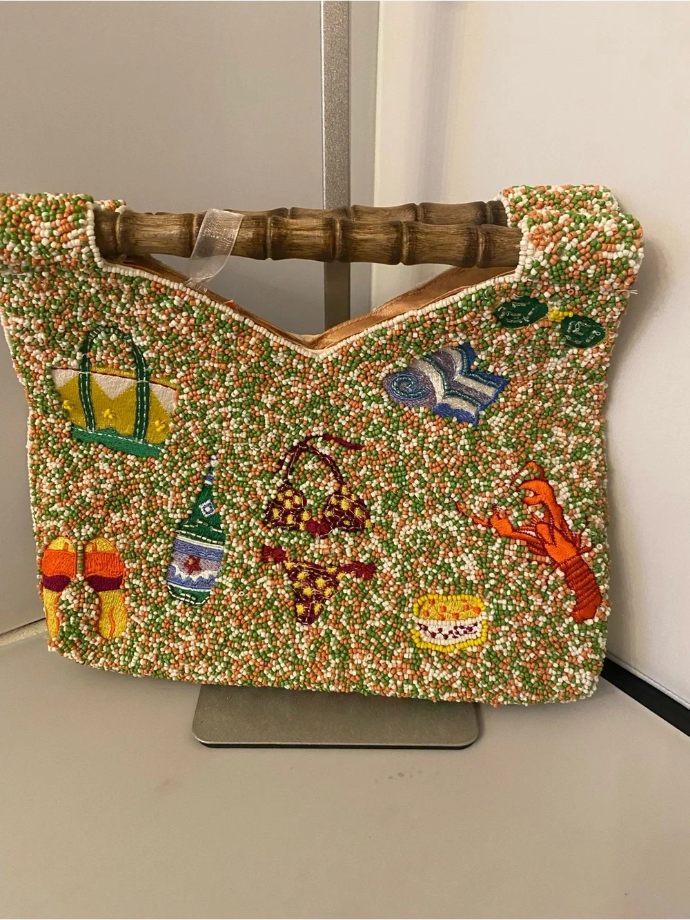 NWT Beaded Island-Vacation Summer Themed Satchel with Bamboo Handle -